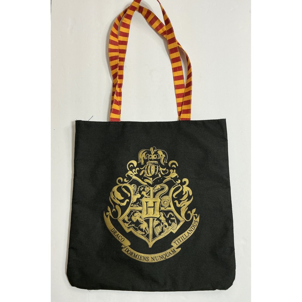 Harry Potter Hogwarts Crest Tote Bag Black Gold Gryffindor Striped Handles
